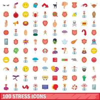 100 set di icone di stress, stile cartone animato vettore