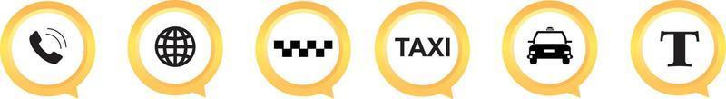 set di icone gialle taxi. puntatori della mappa con il segno dell'auto taxi. illustrazione vettoriale. vettore