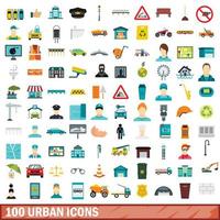 100 icone urbane impostate, stile piatto vettore