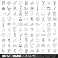 100 icone di stomatologia impostate, stile contorno vettore