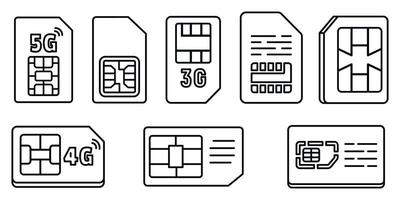 set di icone della scheda del telefono con chip, stile del contorno vettore