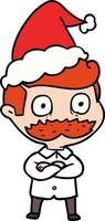 disegno a tratteggio di un uomo con i baffi sconvolto che indossa il cappello di Babbo Natale vettore