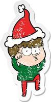 adesivo angosciato cartone animato di un ragazzo curioso che si stropiccia gli occhi incredulo indossando il cappello di Babbo Natale vettore