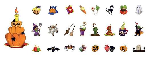 set di icone di halloween, stile cartone animato vettore