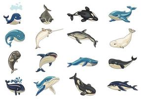 set di icone di balena, stile cartone animato vettore