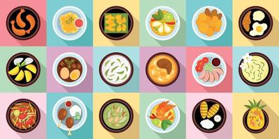 Set di icone di cibo tailandese, stile piatto vettore