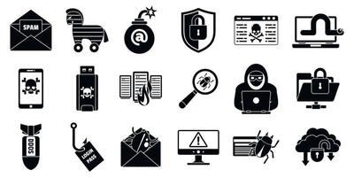 set di icone di virus di attacco informatico, stile semplice vettore