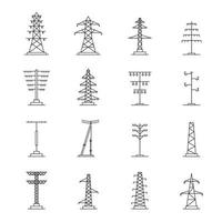 set di icone di tensione della torre elettrica, stile del contorno vettore