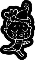 icona del fumetto di una donna che piange che indossa il cappello di Babbo Natale vettore