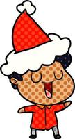 ridendo in stile fumetto illustrazione di un uomo che indossa il cappello di Babbo Natale vettore