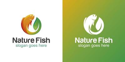 gradiente di pesce foglia naturale e loghi piatti per la pesca, il pescatore, il design del logo dei frutti di mare del ristorante vettore