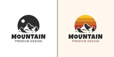 paesaggio di montagna rocciosa con logo solare per logo isolato, avventura all'aperto, escursionismo di viaggio vettore