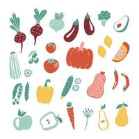 raccolta di frutta e verdura disegnata a mano isolata su sfondo bianco. illustrazione vettoriale per la progettazione di menu, imballaggio, libro di cucina.
