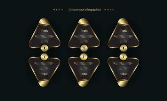 un gruppo di premuim pulsanti triangolari disegni su sfondo scuro. opzioni di un triangolo di lusso nel concetto, nel vettore e nell'illustrazione di tema di colore dorato
