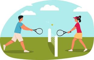 illustrazione vettoriale di un uomo e una donna attivi che giocano a tennis su un campo. illustrazione vettoriale