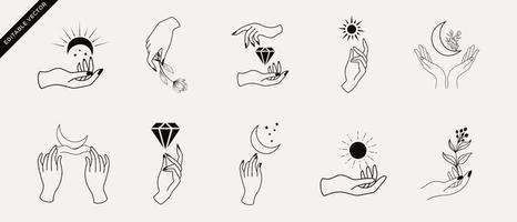 un insieme di collezioni di icone della mano della donna in uno stile lineare e minimale. modelli di progettazione logo vettoriale con diversi gesti delle mani, cristallo. per cosmetici, bellezza, tatuaggi, spa, donna, gioielleria.