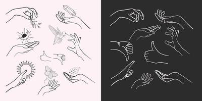 un insieme di collezioni di icone della mano della donna in uno stile lineare e minimale. modelli di progettazione logo vettoriale con diversi gesti delle mani, cristallo. per negozi di cosmetici, bellezza, tatuaggi, spa, femminili e gioielli.