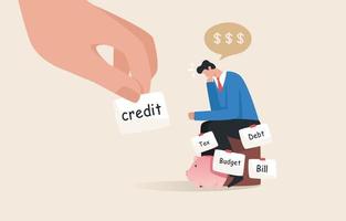 crisi del debito, stress finanziario. sopportare costi elevati. disoccupazione o licenziamento. concetto di problema di debito. l'uomo d'affari era stressato e preoccupato per problemi finanziari. vettore