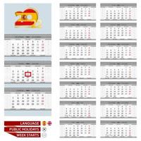 calendario in lingua spagnola e inglese per l'anno 2022. la settimana inizia da lunedì. vettore
