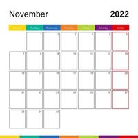 novembre 2022 calendario da parete colorato, la settimana inizia il lunedì. vettore