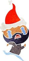 cartone animato retrò di un uomo barbuto che piange indossando il cappello di Babbo Natale vettore