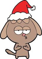 disegno a tratteggio di un cane annoiato che indossa il cappello di Babbo Natale vettore