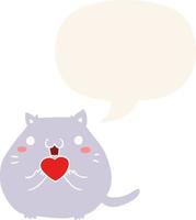 simpatico cartone animato gatto innamorato e fumetto in stile retrò vettore