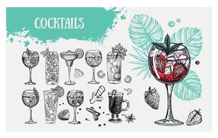 modello di progettazione del menu del cocktail. cocktail alcolici disegnati a mano. vettore