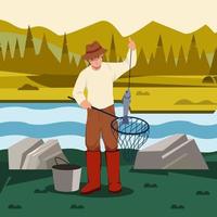 il pescatore tira fuori il pesce dal suo concetto di rete vettore