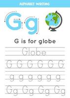 imparare l'alfabeto inglese per bambini. lettera g. simpatico mappamondo kawaii. vettore