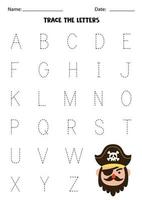 foglio di lavoro con pirata. traccia lettere maiuscole dell'alfabeto. vettore