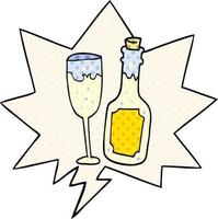 cartone animato bottiglia di champagne e vetro e fumetto in stile fumetto vettore