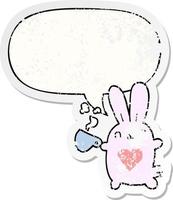 simpatico cartone animato coniglio e amore cuore e tazza di caffè e fumetto adesivo in difficoltà vettore
