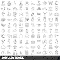 100 icone della signora impostate, stile del contorno vettore