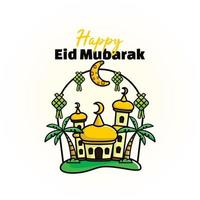 carino eid mubarak con illustrazione d'arte della moschea b vettore