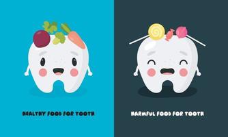 poster sull'igiene dentale in stile cartone animato. l'illustrazione mostra un dente divertente, cibo dannoso e sano per lui. concetto dentale per l'odontoiatria e l'ortodonzia dei bambini. illustrazione vettoriale. vettore