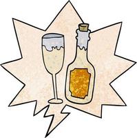 cartone animato bottiglia di champagne e vetro e fumetto in stile retrò texture vettore