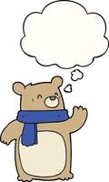 cartone animato orso che indossa sciarpa e bolla di pensiero vettore