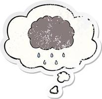nuvola di cartoni animati che piove e bolla di pensiero come un adesivo usurato in difficoltà vettore