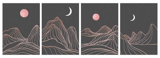 stampa d'arte moderna minimalista creativa sul set. paesaggi di sfondi estetici contemporanei di montagna astratta. con montagna, luna, mare, orizzonte, onda. illustrazioni vettoriali