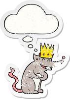 cartone animato re dei topi che ride e pensa a una bolla come un adesivo consumato in difficoltà vettore
