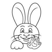 immagine monocromatica, coniglio carino divertente, sorridente e agitando la zampa, illustrazione vettoriale in stile cartone animato su sfondo bianco