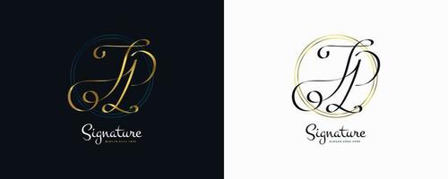 design del logo della firma iniziale jp con uno stile di scrittura a mano dorato elegante e minimalista. design iniziale del logo j e p per l'identità del marchio di matrimoni, moda, gioielli, boutique e business vettore