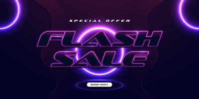 design del modello di banner di vendita flash con effetto neon luminoso per sito Web o social media. illustrazione vettoriale di progettazione poster di promozione