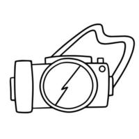 immagine monocromatica, fotocamera con obiettivo grande, per viaggi, illustrazione vettoriale cartone animato su sfondo bianco