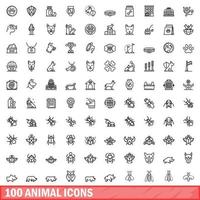 100 icone animali impostate, stile contorno vettore