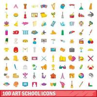 100 set di icone della scuola d'arte, stile cartone animato vettore