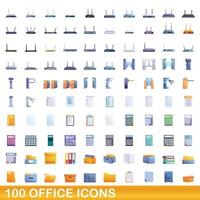 100 set di icone per ufficio, stile cartone animato vettore