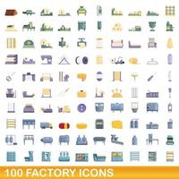 100 icone di fabbrica impostate, stile cartone animato vettore