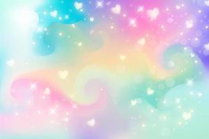 sfondo fantasia unicorno arcobaleno con cuori e stelle. illustrazione olografica in colori pastello. luminoso cielo multicolore. vettore. vettore